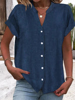 LilyWish Plain V Neck Buttoned Short Sleeve Blouse