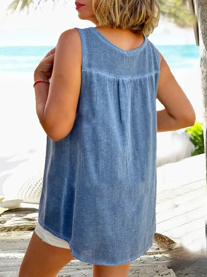 Blue Casual V Neck Solid Sleeveless Tank