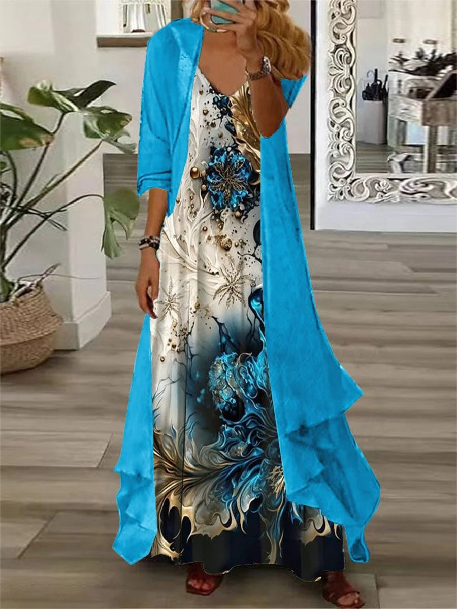 LilyWish Floral Half Sleeve V-Neck Two Pieces Maxi Dress