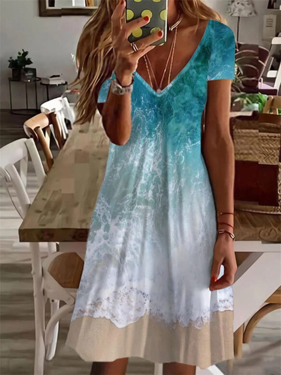 LilyWish Sea Gradient Painted V-Neck Short Sleeve Casual Short Dress