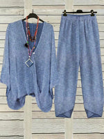 Striped V Neck Long Sleeve Loose Casual Two-Piece Set