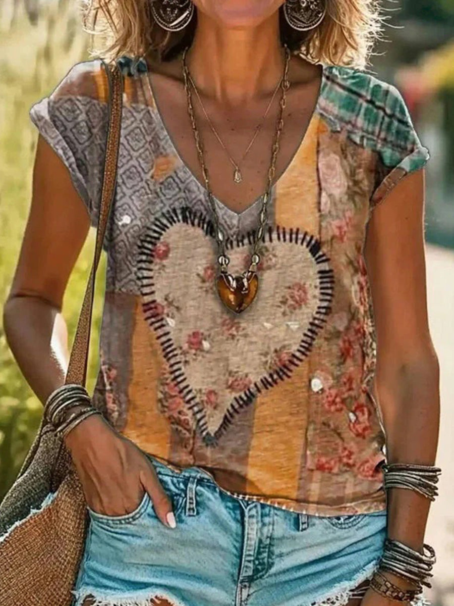 LilyWish Vintage Heart Print V-neck Short Sleeve T-Shirt