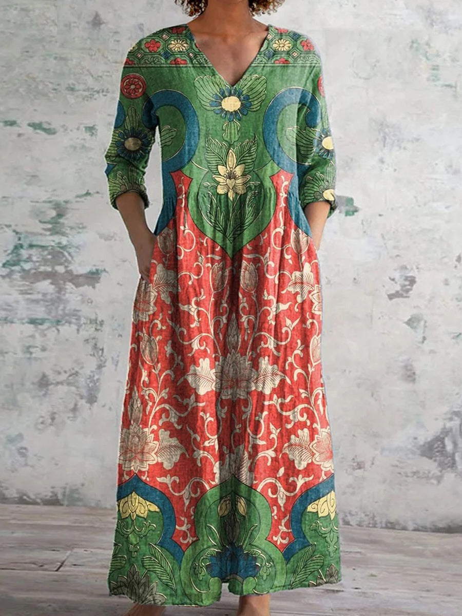 LilyWish Vintage Floral Print V-neck Long Sleeve Dress