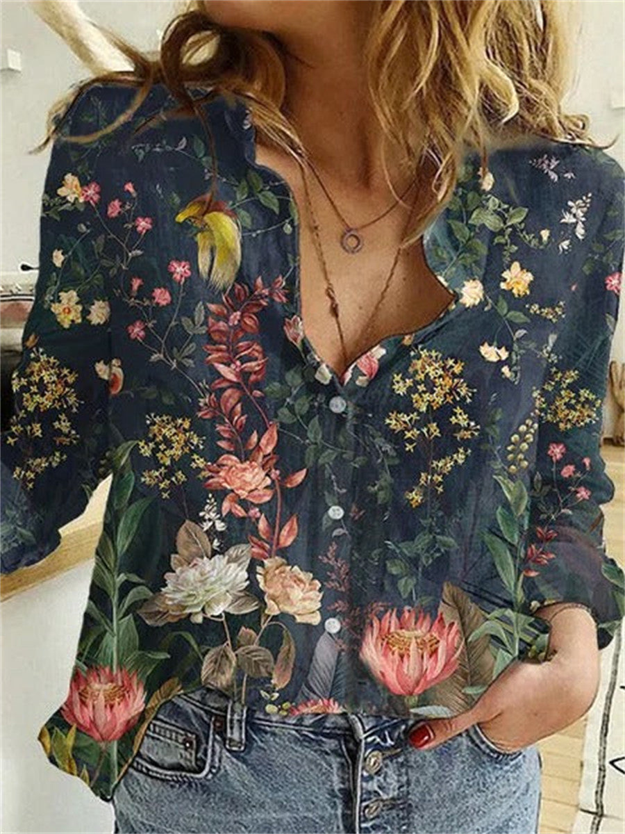 LilyWish Women’s Vintage Floral Print V Neck Button Long Sleeve Casual Blouse
