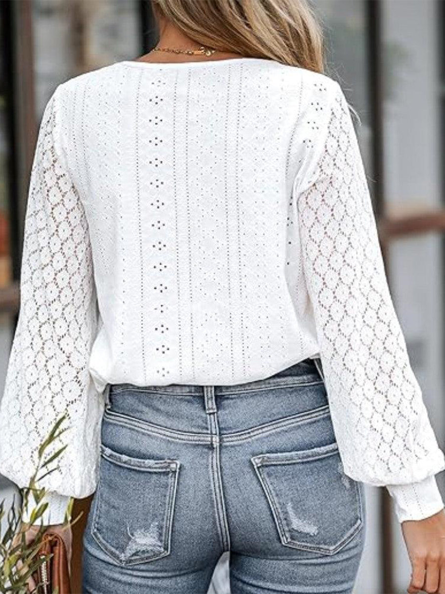 LilyWish White Plain V-Neck Long Sleeve Top