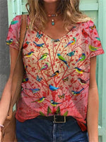 Red Casual V Neck Bird Printed Short Sleeve Blouse