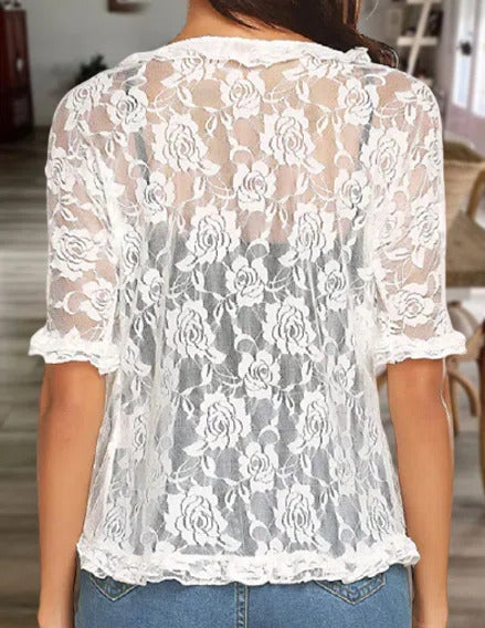 LilyWish White Casual Lace Printed Half Sleeve Cardigan