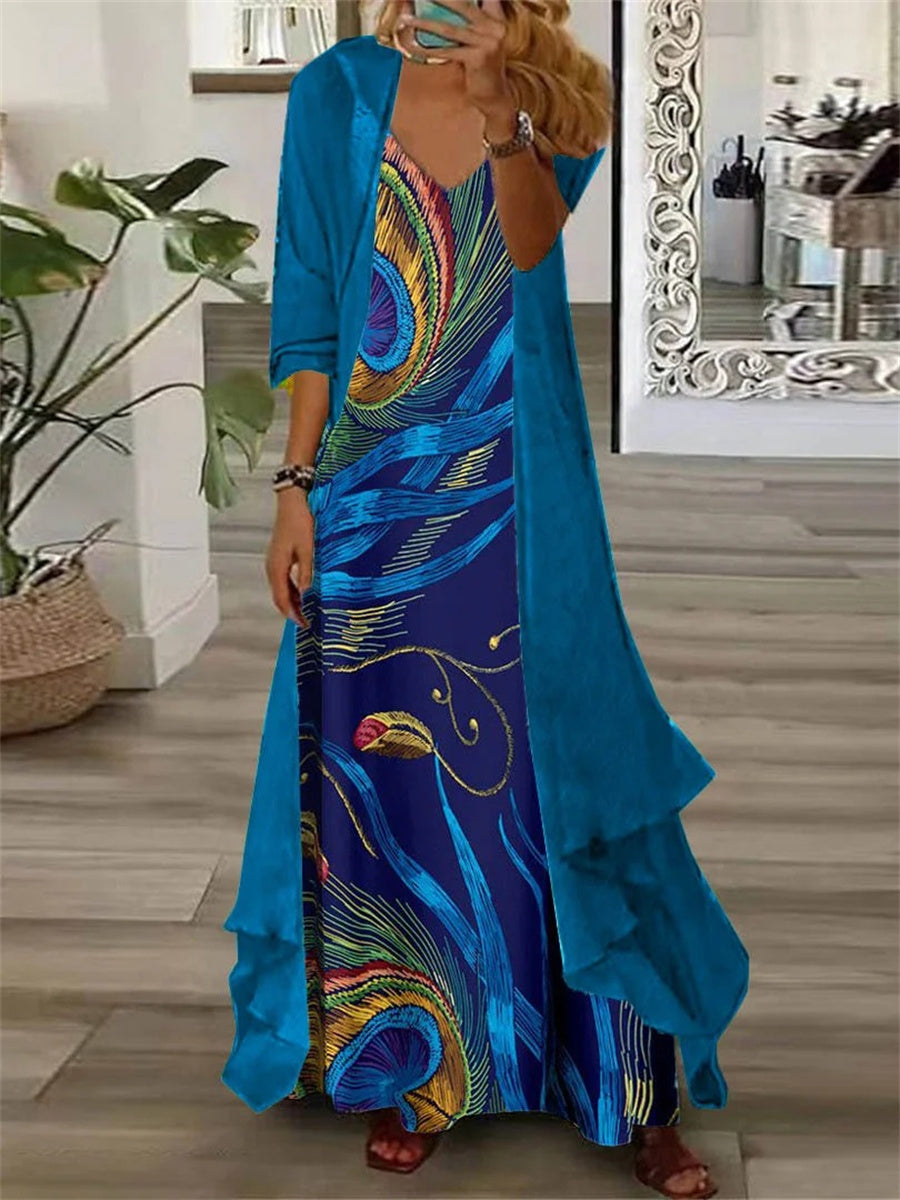 Blue Printed V-Neck Long Sleeve Two Pieces Maxi Dress