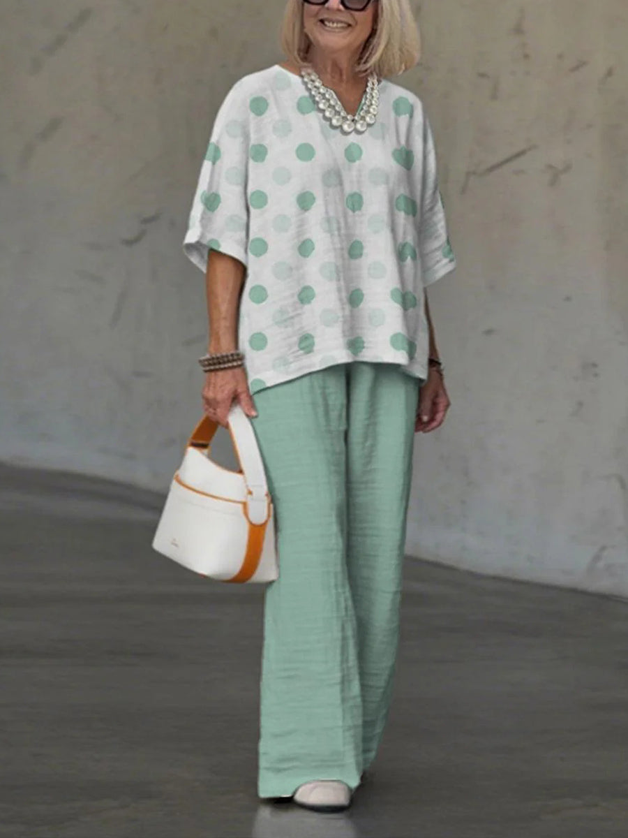 Modern V-Neck Polka Dot Print Two Piece Set