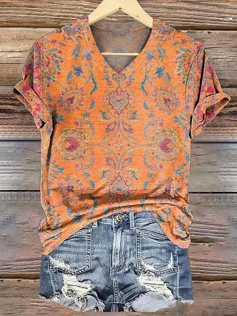 LilyWish Stunning Orange V-neck Short Sleeve Top