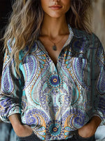 LilyWish Ethnic Printed Lapel Long Sleeve Shirt