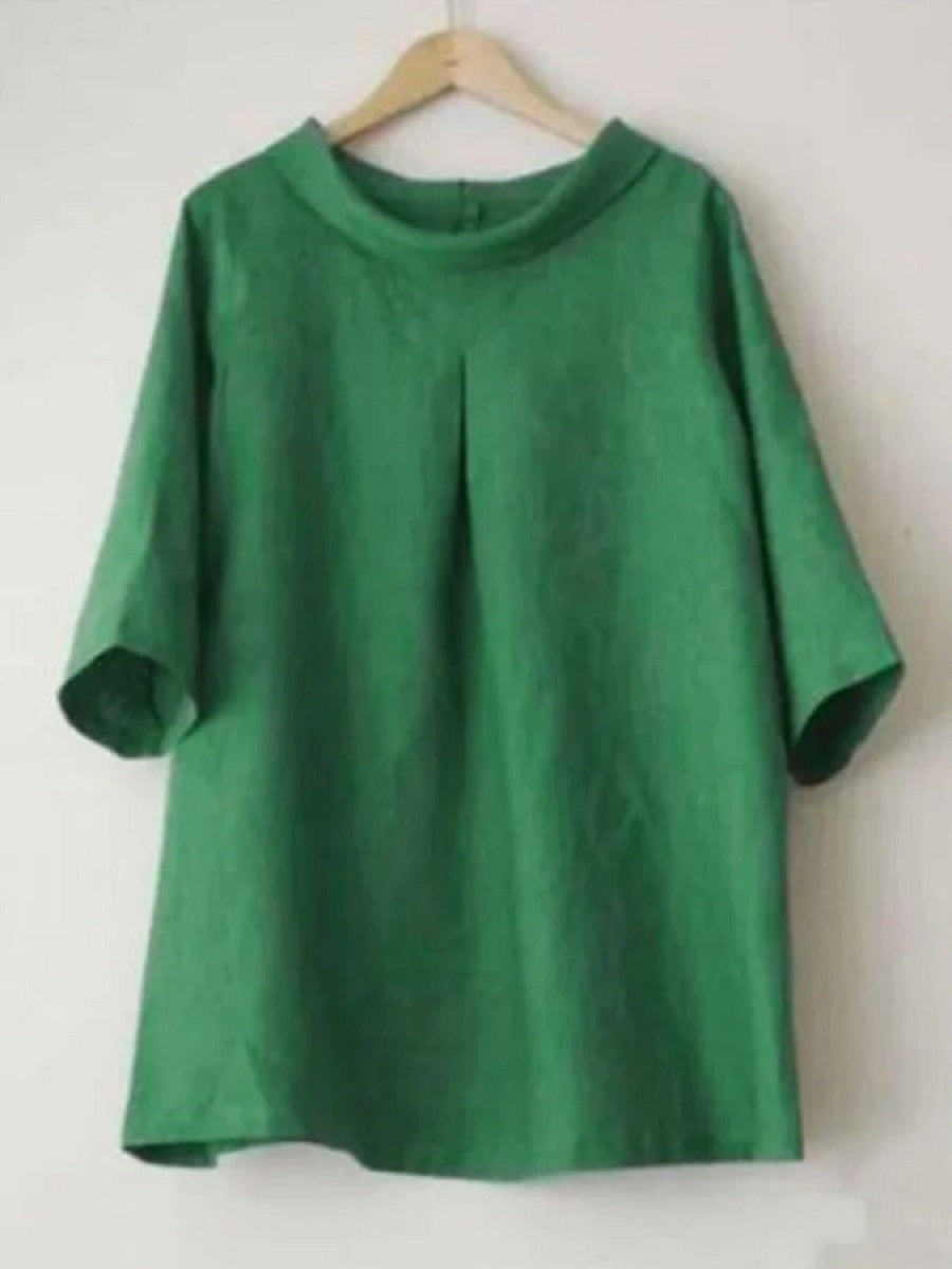 LilyWish Green Casual Round Neck Solid Half Sleeve Blouse