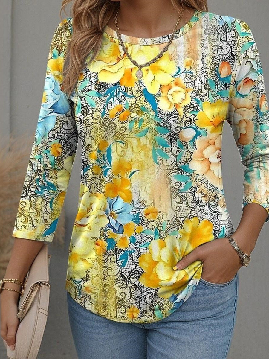 LilyWish Yellow Round Neck Long Sleeve Top