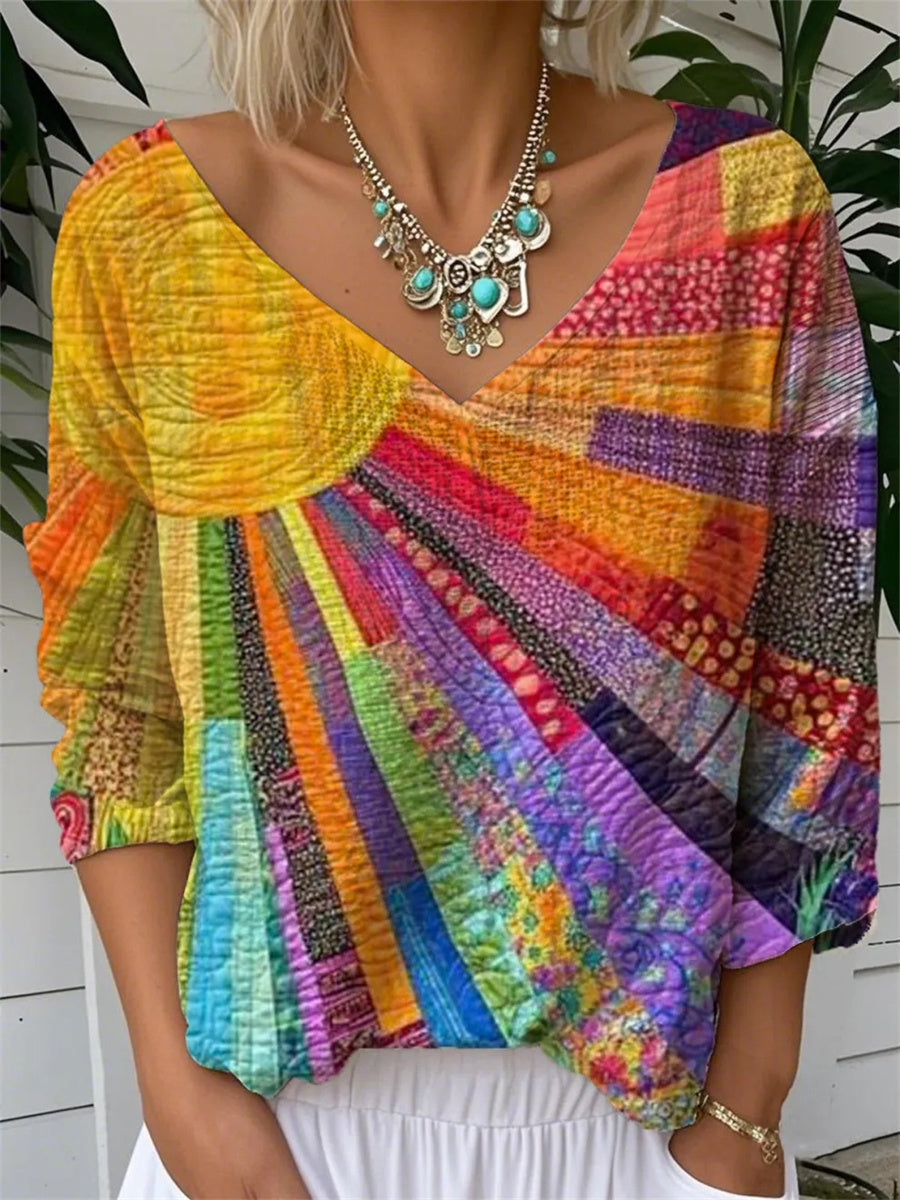 Women's Colorful Patchwork V-Neck Long Sleeve Loose Fit Blouse