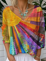 Women's Colorful Patchwork V-Neck Long Sleeve Loose Fit Blouse