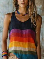 LilyWish Vintage Colour Block V-neck Sleeveless Tank Top