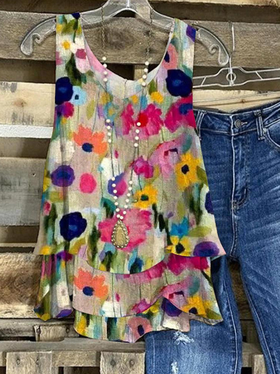 LilyWish Romantic Floral Print Sleeveless Top
