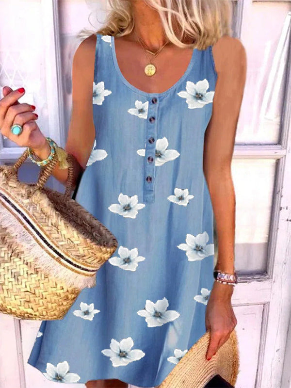 Blue Casual Round Neck Sleeveless Floral Printed Dresses