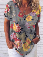 LilyWish Women’s Vintage Floral V Neck Short Sleeve Casual Loose Fit T-shirt