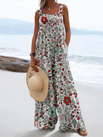 Retro Simple Floral Print Casual Wide Leg Jumpsuit