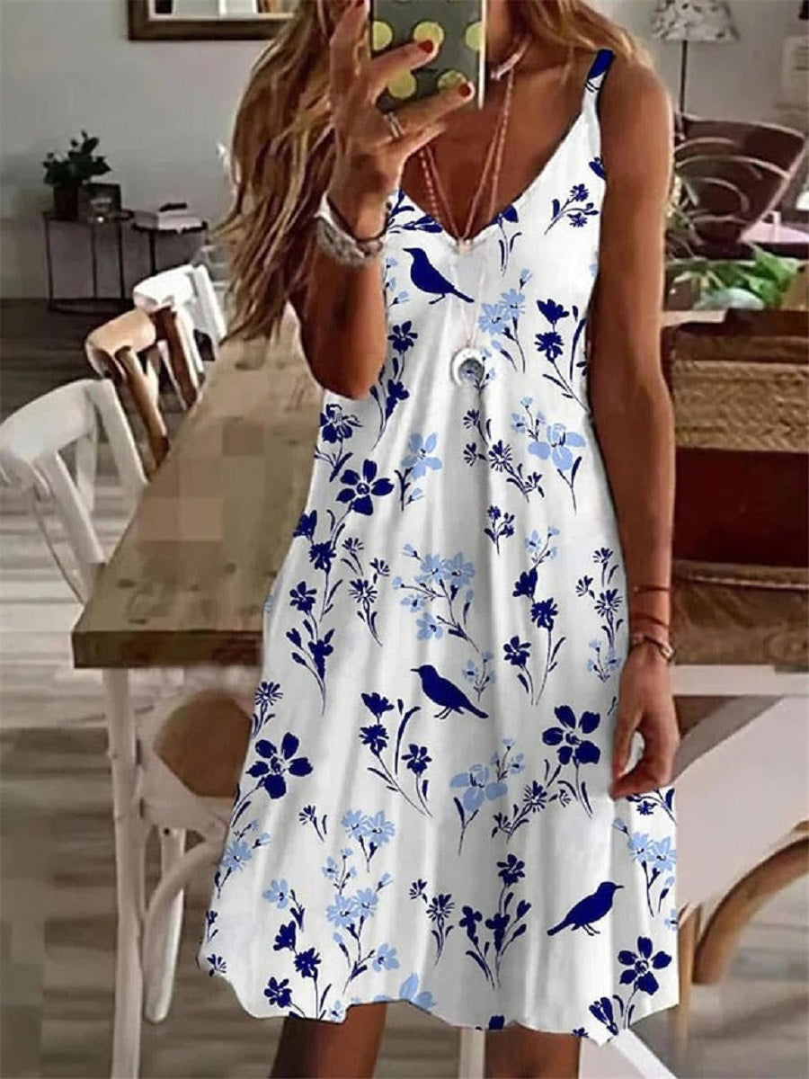 White Casual V Neck Floral Printed Sleeveless Dress