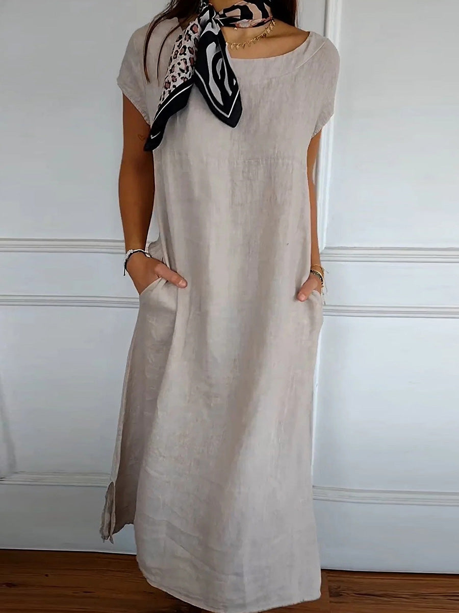 Solid Round Neck Short Sleeve Pocket Dress