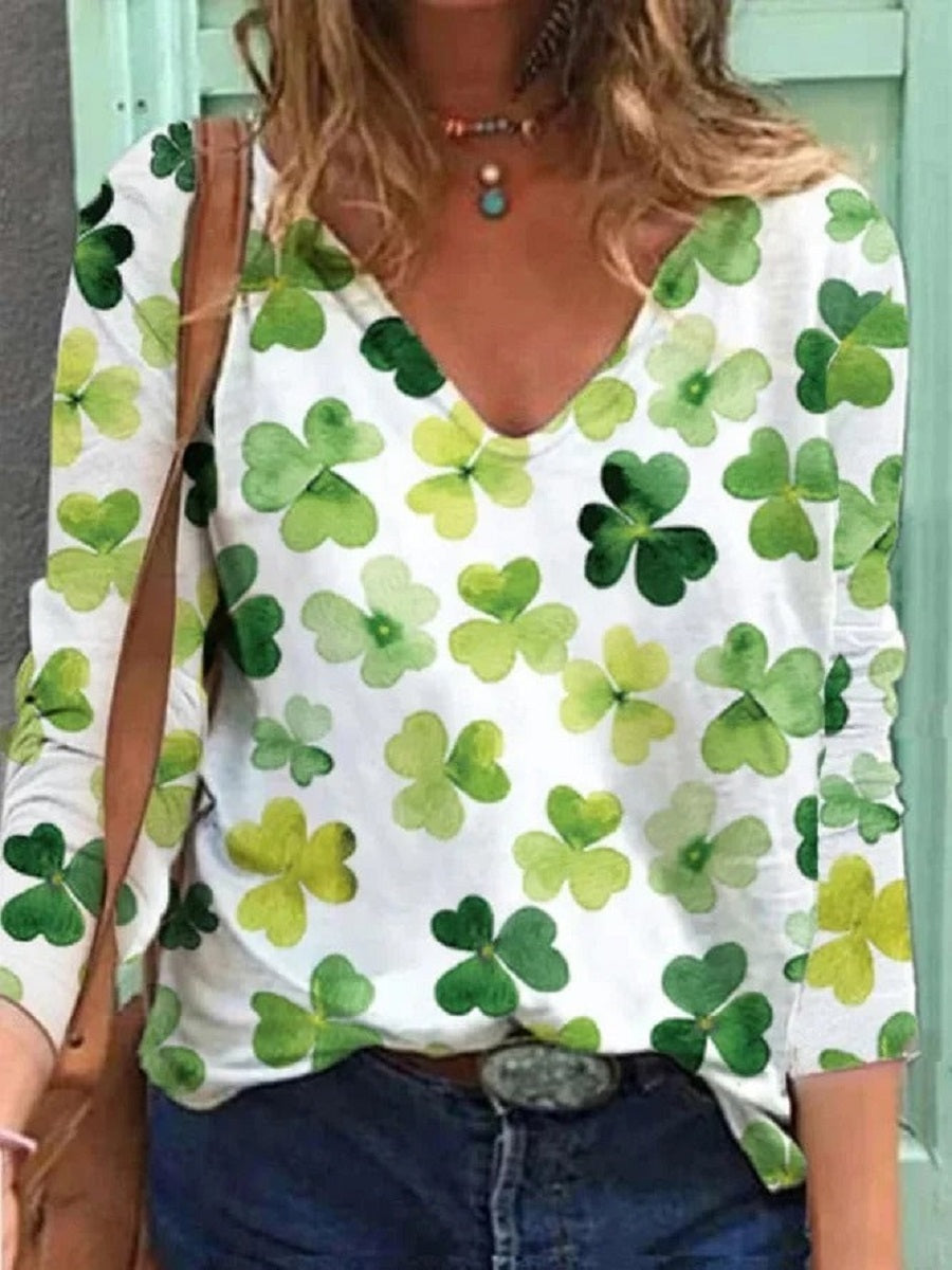 LilyWish Green Casual V Neck Printed Long Sleeve Blouse