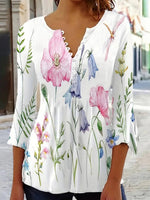 LilyWish Crew Neck Half Sleeve Floral Buckle Regular Loose Blouse