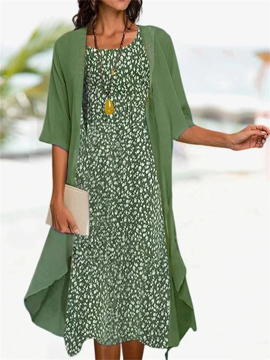 LilyWish Vacation Loose Crew Neck Floral Two-Piece Midi Dress