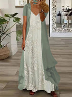 V Neck Floral Casual Loose Short Sleeve Two-Piece Dress