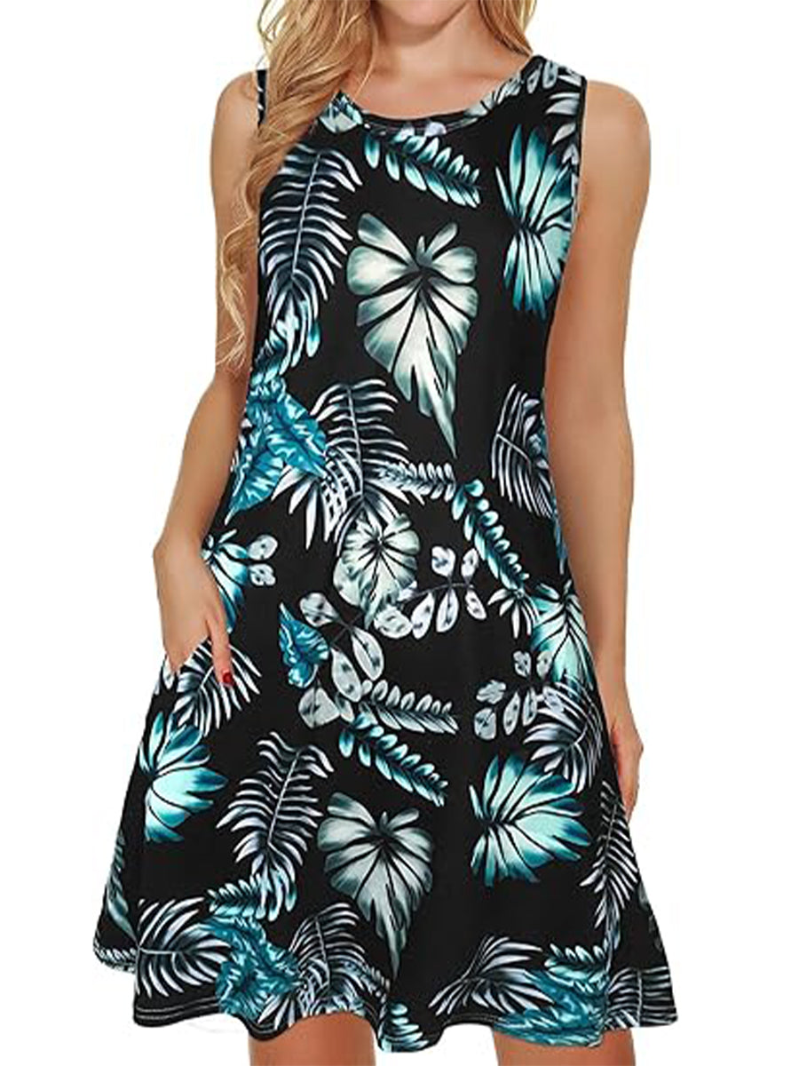 Women's Summer Dresses Beach Casual Sleeveless Floral Print Tank Loose Sundress with Pocket