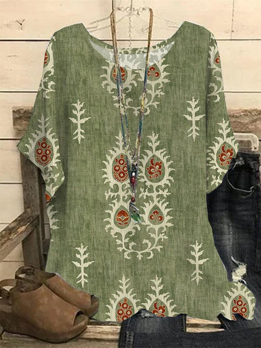 LilyWish Green Crew Neck Ethnic Regular Loose Blouse