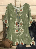 LilyWish Green Crew Neck Ethnic Regular Loose Blouse