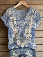 LilyWish Temperament Floral Print V-neck Short Sleeve Top