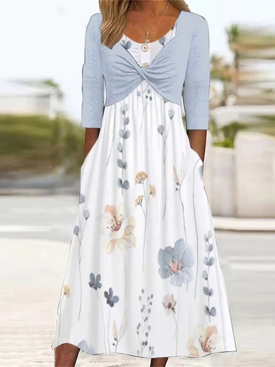 White Casual Round Neck Floral Printed Long Sleeve Dresses