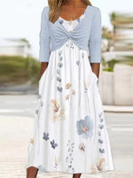 White Casual Round Neck Floral Printed Long Sleeve Dresses