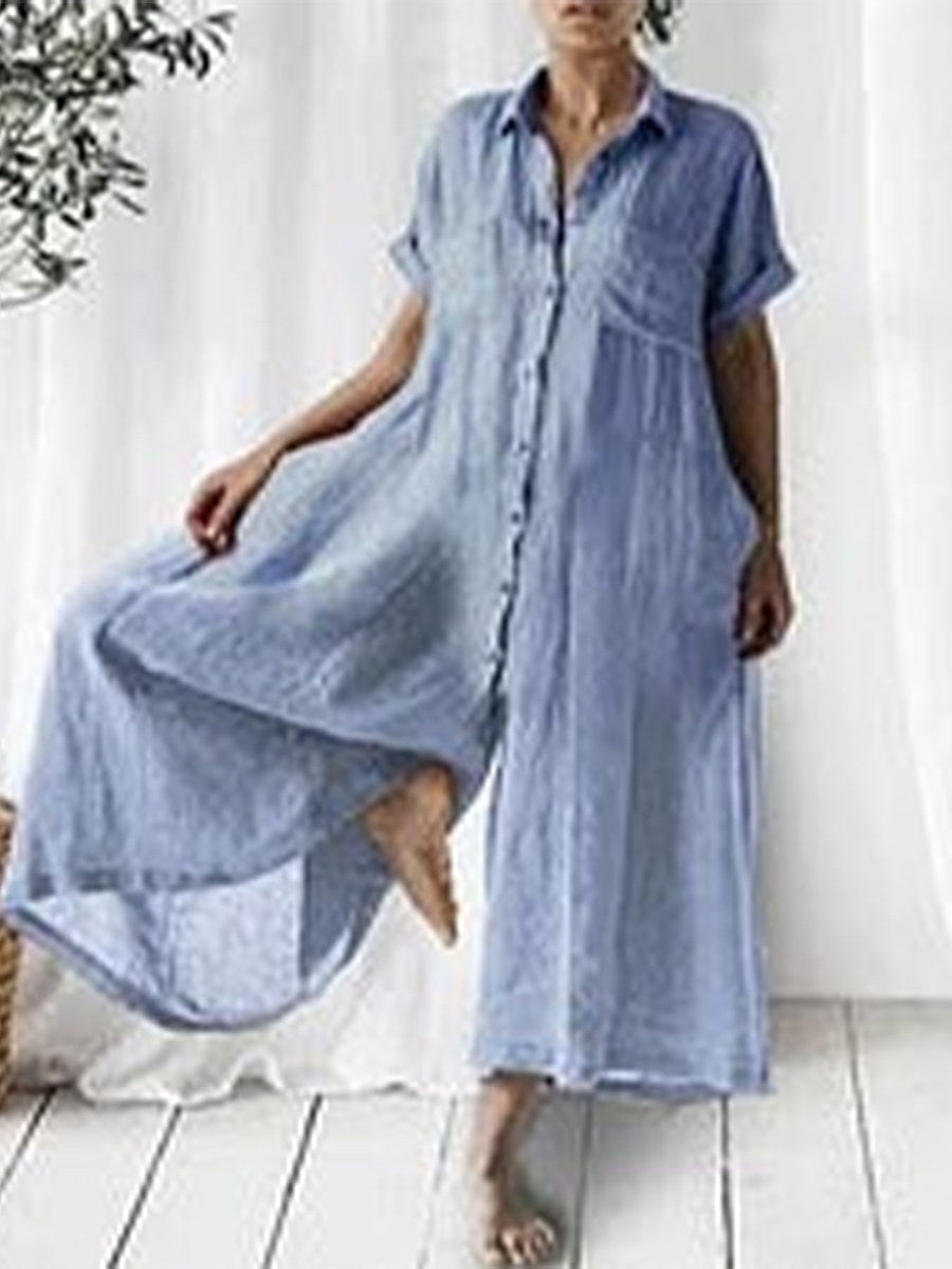 Casual Solid Linen Loose Lapel Jumpsuit