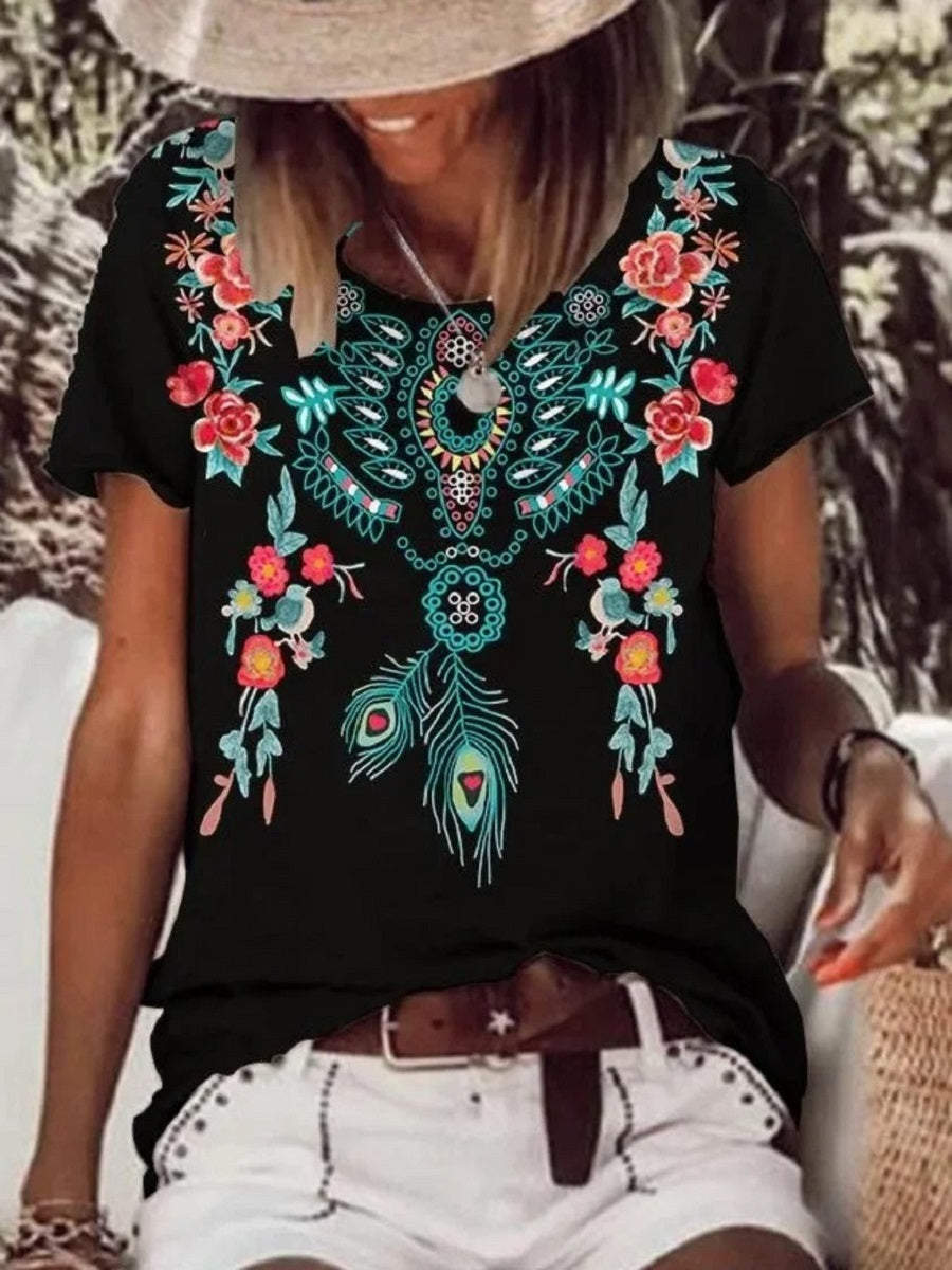 Black Casual Graphic Tops Round Neck Floral Printed Short Sleeve Blouse
