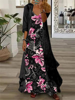 Women's Long Sleeve V-neck Floral Printed Two Pieces Maxi Dress
