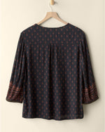 Casual V-neck 3/4 Sleeve Boho Border Print Blouse