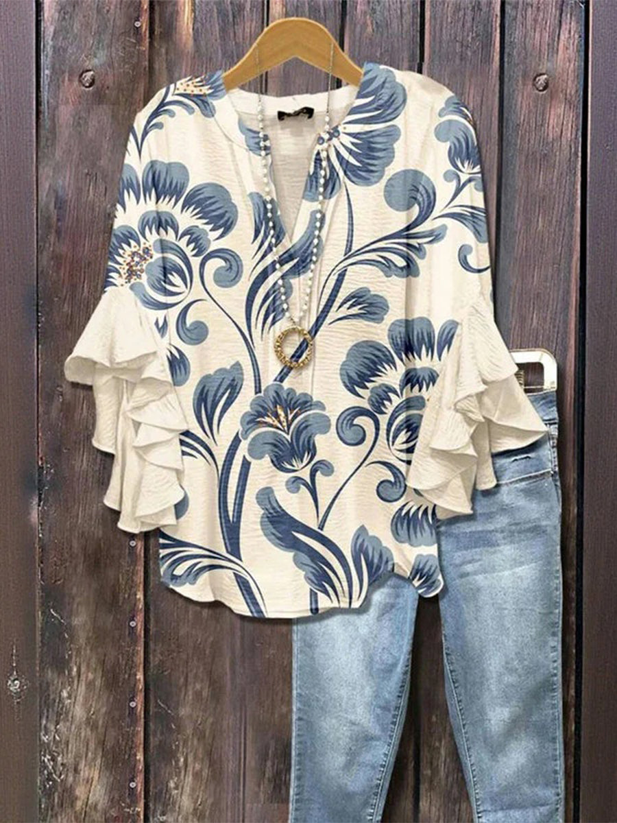 LilyWish Vintage Floral Print Half Sleeve Blouse