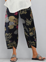 LilyWish Vintage Floral Printed Elastic Waist Casual Navy Pants