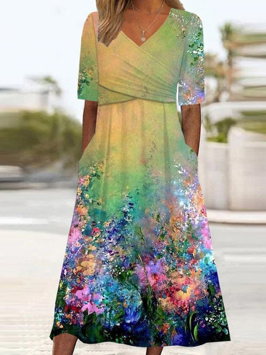 LilyWish Green Side Pocket V-neck Short Sleeve Midi Dress