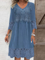 Women's Vintage Lace Panel V-Neck 3/4 Sleeve Loose Midi Dress