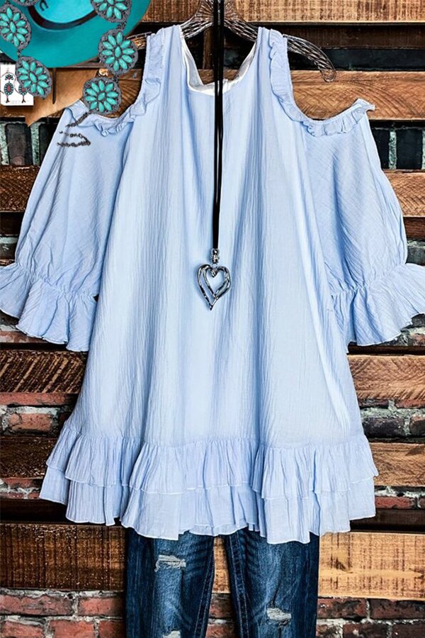 Hollow Ruffled Round Neck Solid Color Blouse