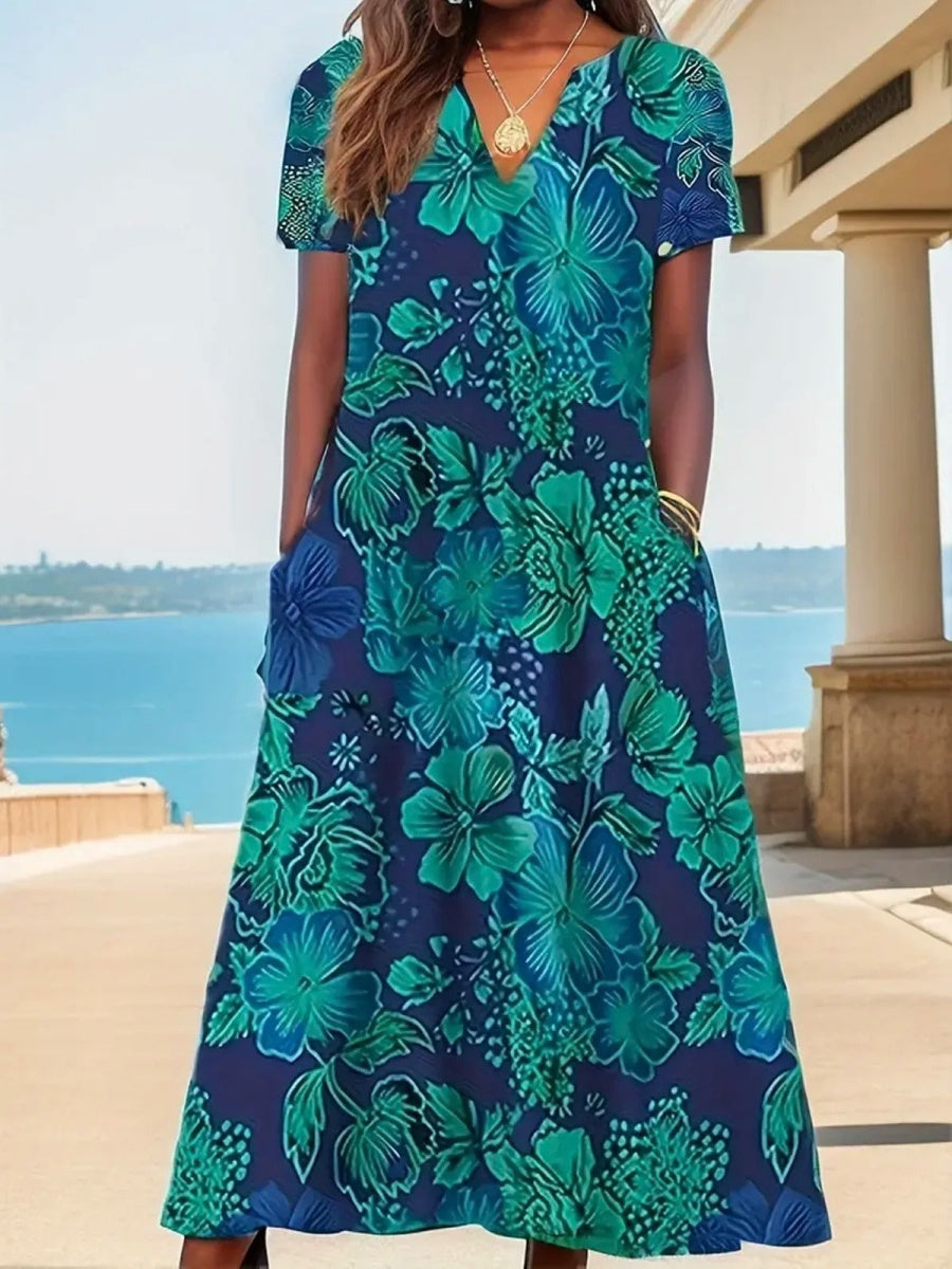 Casual Loose Floral V Neck 3/4 Sleeve Midi Dress