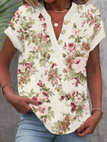LilyWish Floral V Neck Buttoned Short Sleeve Blouse