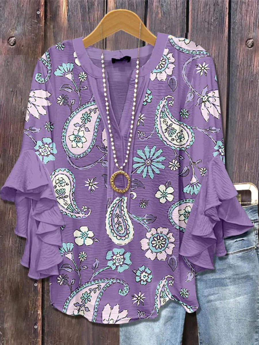 LilyWish Purple V-neck 3/4 Sleeve Paisley Print Top