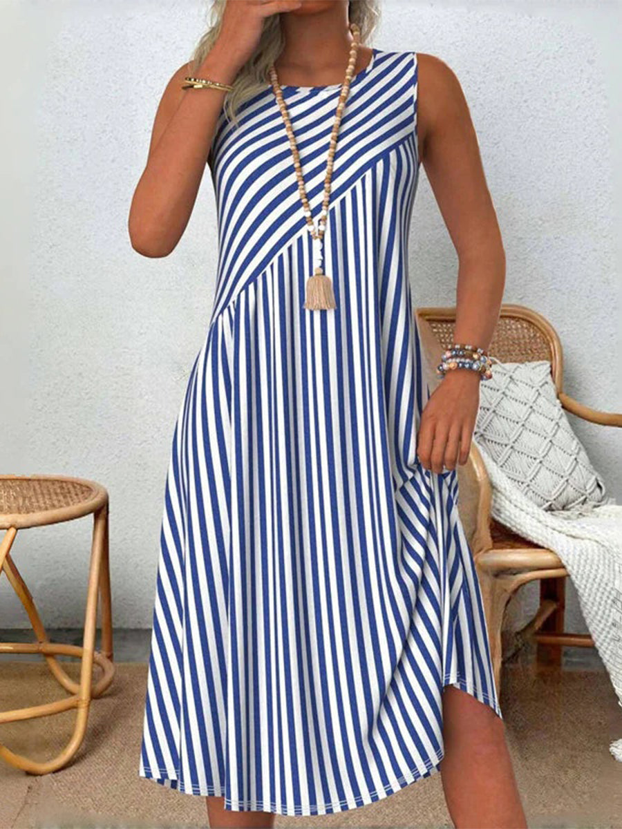 LilyWish Casual Striped Round Sleeve Sleeveless Summer Dress