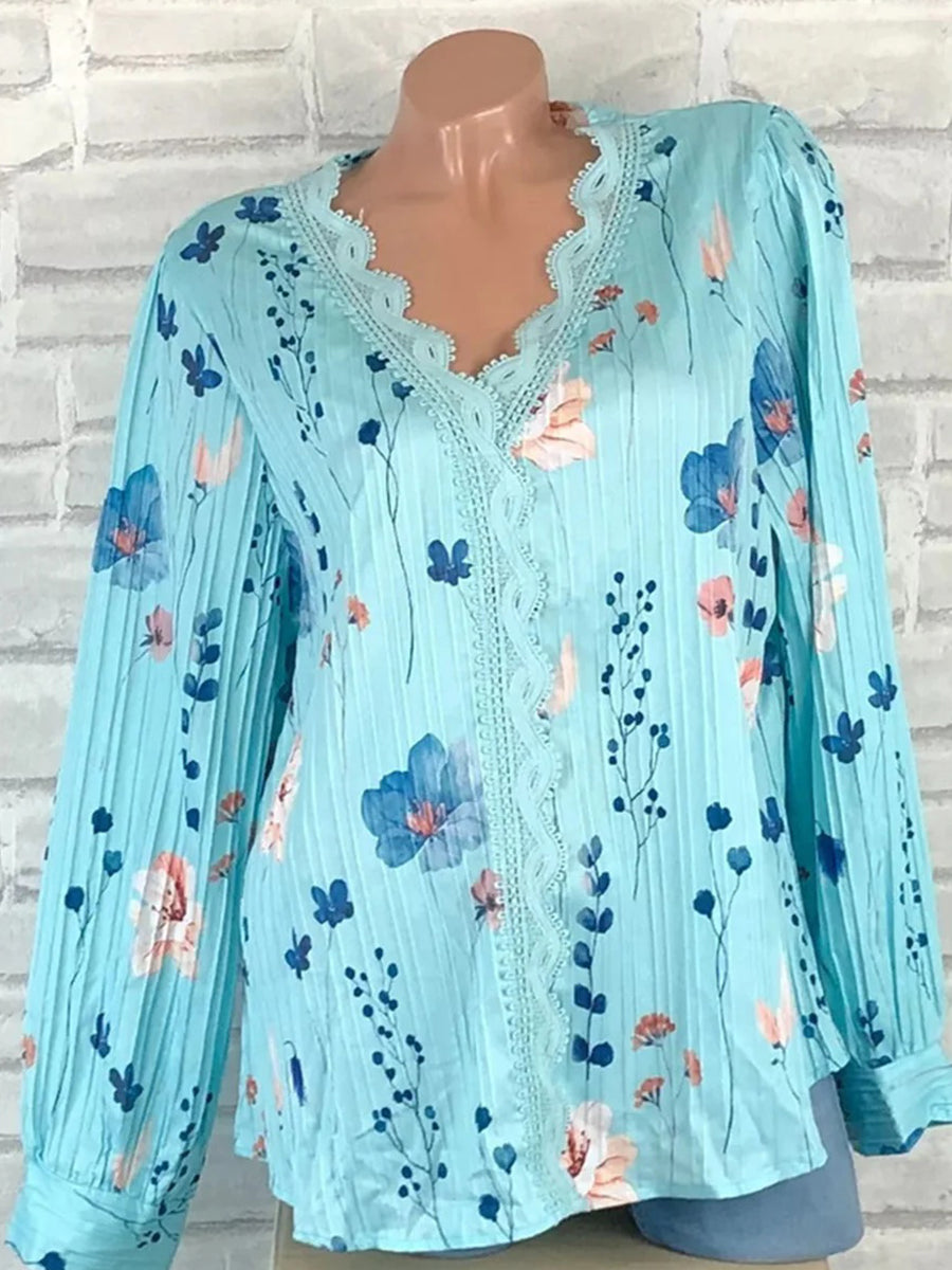 LilyWish Blue Floral Print V-neck Long Sleeve Top